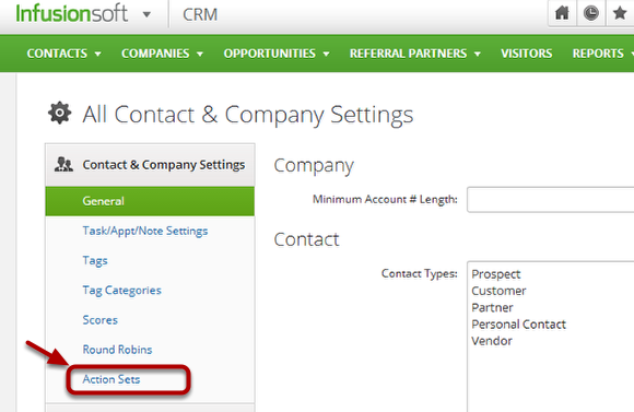 2. Then under "Contact & Company Settings", go to "Action Sets"